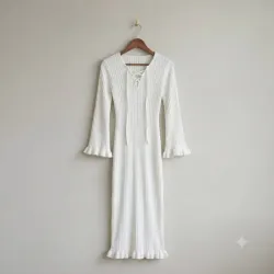 Vestido Midi de Punto Acanalado con Cordones