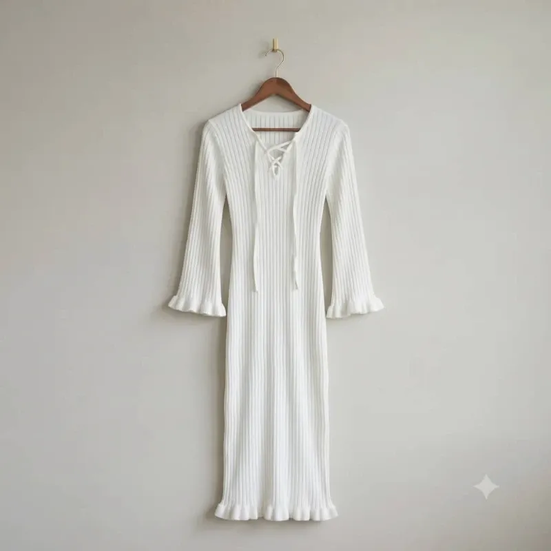 Vestido Midi de Punto Acanalado con Cordones