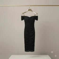 Vestido Midi Drapeado "Off-Shoulder" - Elegancia Atemporal en Negro Talla L