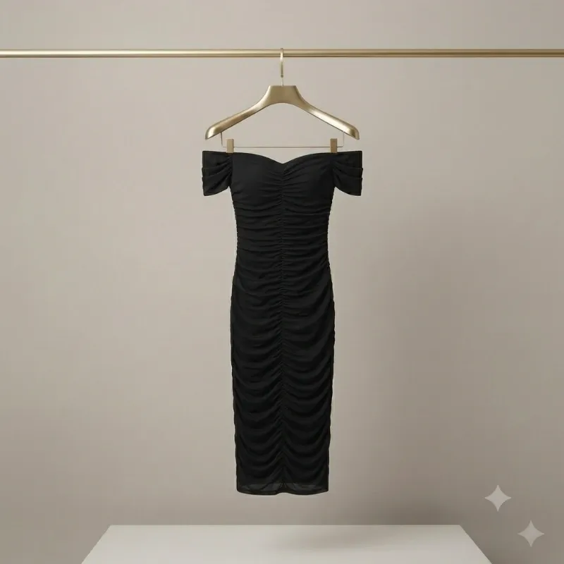 Vestido Midi Drapeado "Off-Shoulder" - Elegancia Atemporal en Negro Talla L