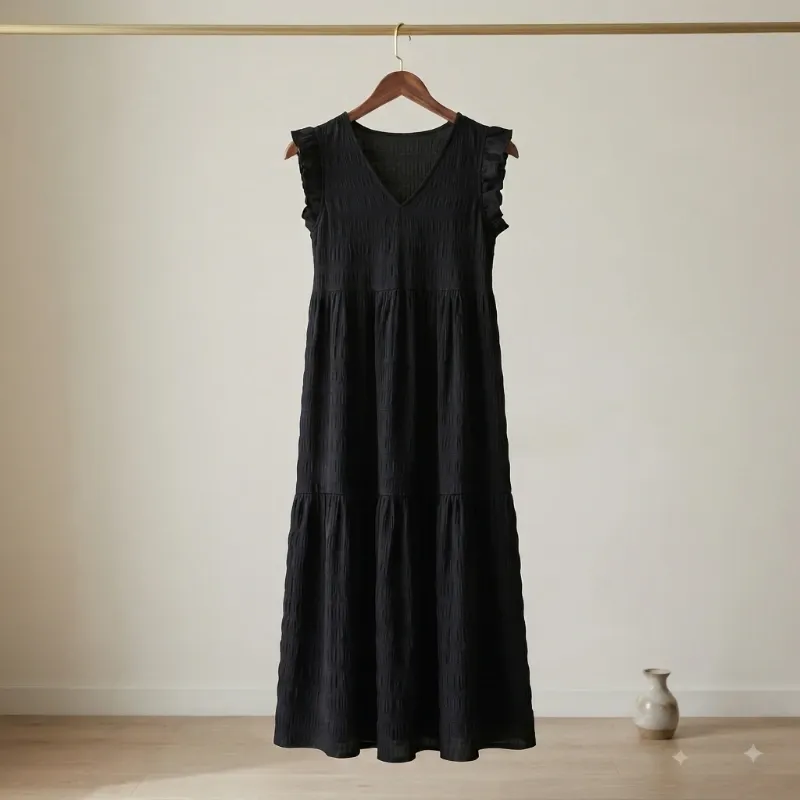 Vestido Midi Negro Casual con Volantes y Cuello en V