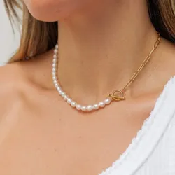 Perlas y cadena de acero con cierre redondo 
