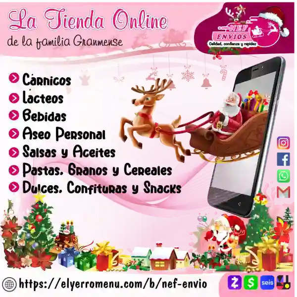 Somos NEF Envíos, un Emprendimiento en la ciudad de Bayamo.
Nuestro principal objetivo es brindarle una plataforma rápida y segura de compras online con pagos desde el exterior. Ofertamos una amplia variedad de productos de primera necesidad. Hacemos entregas en casi toda la provincia de Granma, Baire, Contramaestre y la ciudad de Holguín.