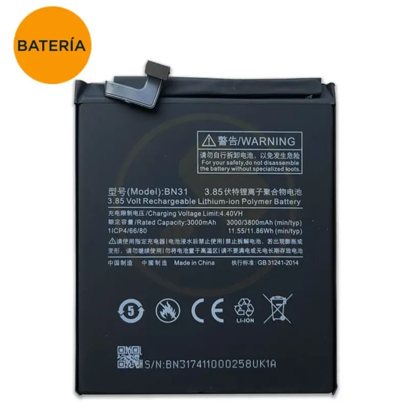 Batería Xiaomi Redmi S2 / Mi A1 / Redmi 5X / Note 5A / Redmi Y2. Bn31. 3080 Mah