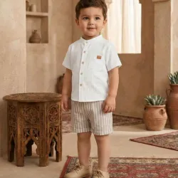 CONJUNTO 2 PZS PARA NIÑO	CAMISA BLANCA CHORT CAQUI