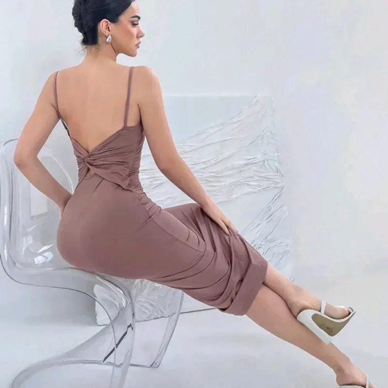 VESTIDO PARA MUJER	AZUL MARINO LARGO SIN ESPALDA Y NUDO CON ESTIRAMIENTO