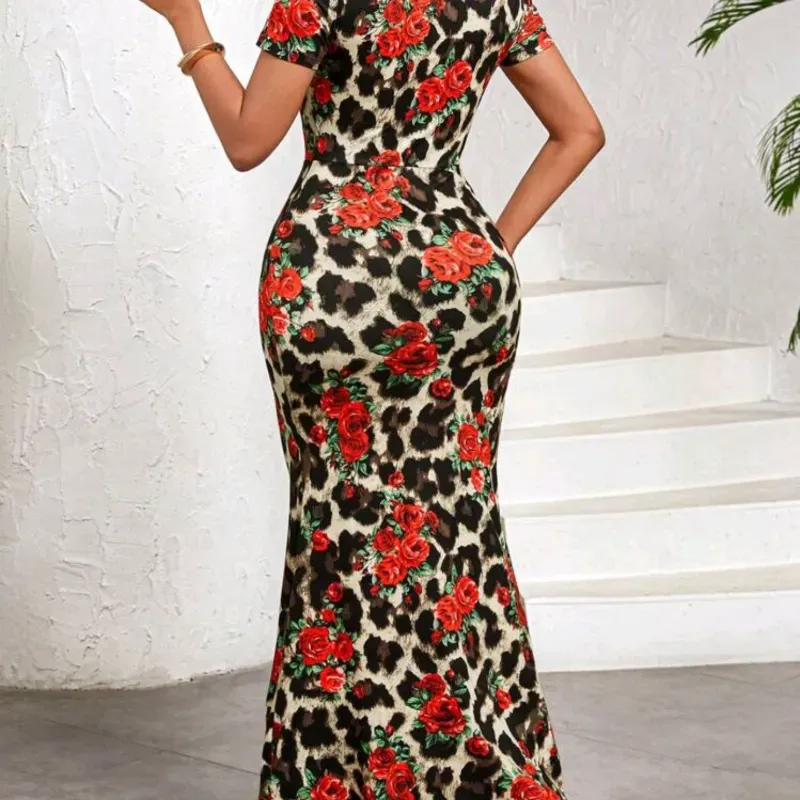 VESTIDO PARA MUJER	ELEGANTE ESTAMPADO LEOPARDO FLORES