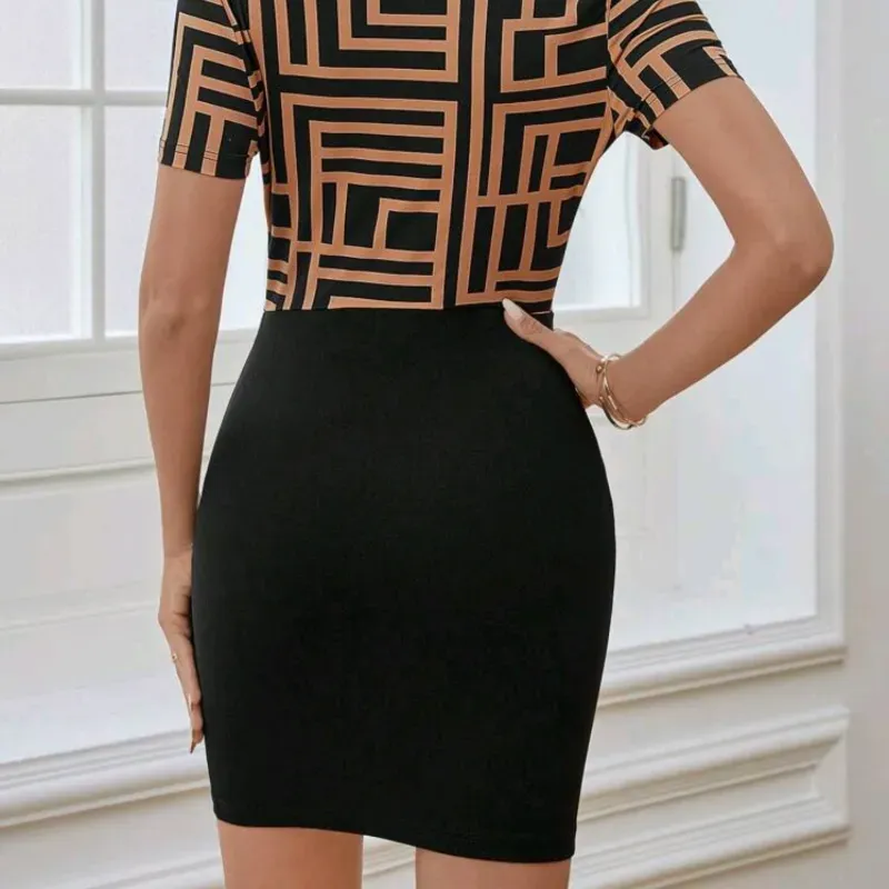 VESTIDO PARA MUJER	NEGRO Y ESTAMPADO GEOMETRICO CUELLO CRUZADO