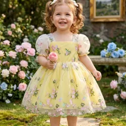 VESTIDO PARA NIÑA	AMARILLO MALLA MANGAS TRANSPARENTE