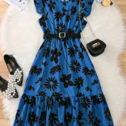 VESTIDO PARA NIÑA	AZUL, FLORAL CON CINTURON 