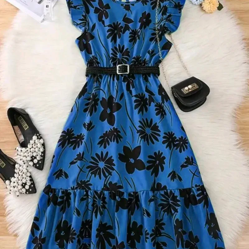 VESTIDO PARA NIÑA	AZUL, FLORAL CON CINTURON 
