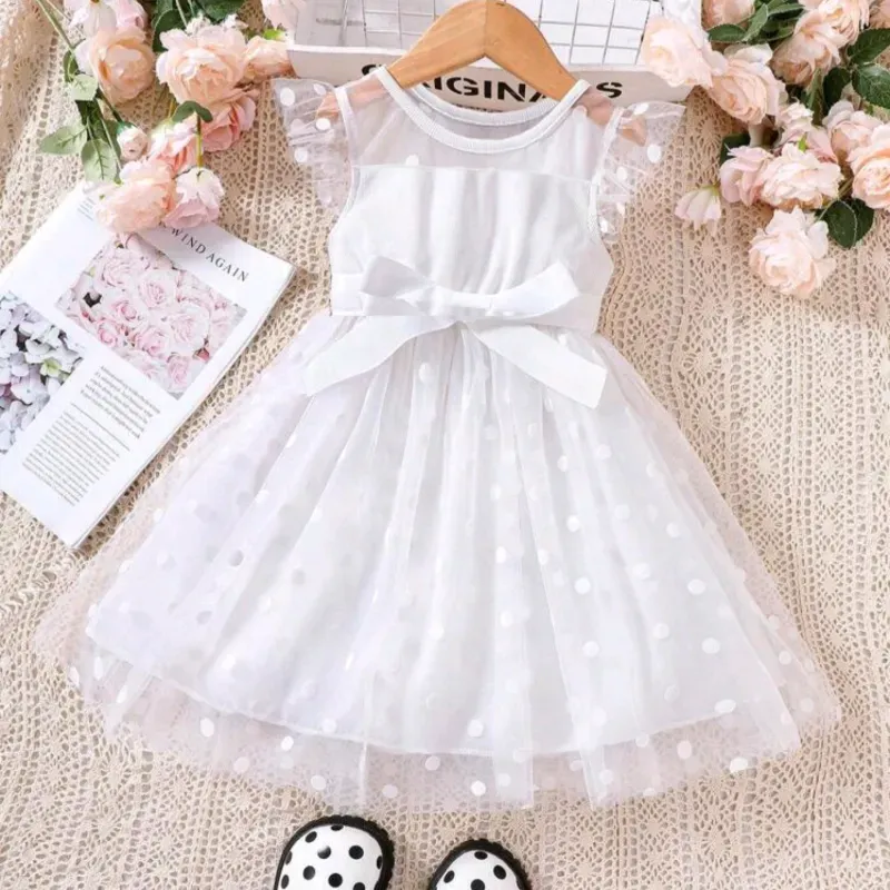 VESTIDO PARA NIÑA	BLANCO,  MALLA LUNARES DECORADO CON VOLANTES