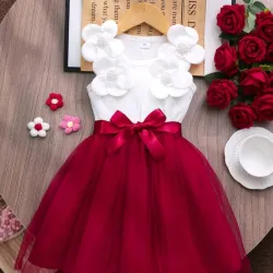 VESTIDO PARA NIÑA	BLANCO Y ROJO FLOR 3D
