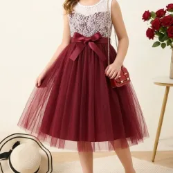 VESTIDO PARA NIÑA	ROJO VINO ENCAJE LAZO CINTURA