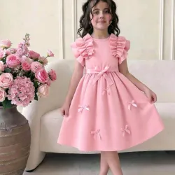 VESTIDO PARA NIÑA	ROSA, CUELLO REDONDO MAGA VOLANTES