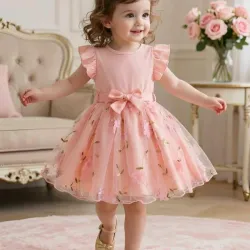 VESTIDO PARA NIÑA	ROSA FALDA MALLA PUNTO ACANALADO