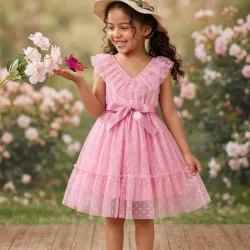 VESTIDO PARA NIÑA	ROSA, ROSA CUELLO EN V ENCAJE LUNARES