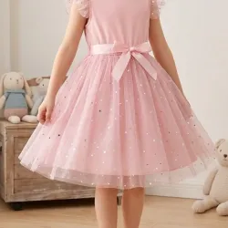 VESTIDO PARA NIÑA	ROSA PALO, MALLA CON ESTRELLAS