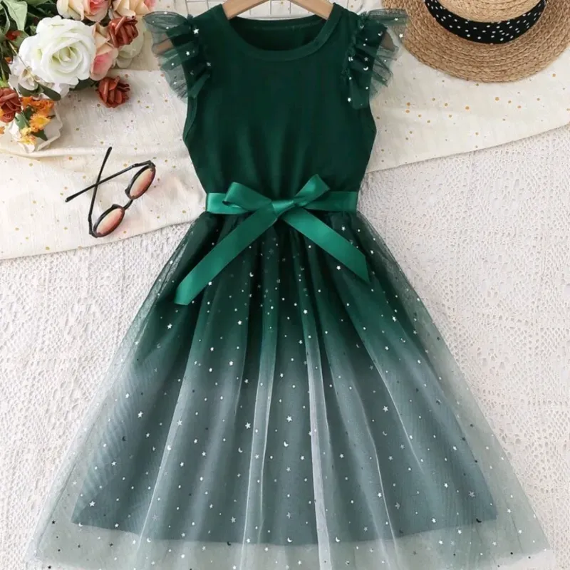 VESTIDO PARA NIÑA	VERDE OSCURO ESTRELLA Y LUNA CON VOLANTES