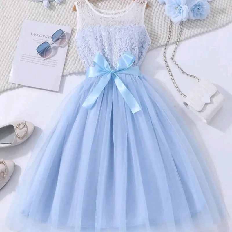 NIÑAS	VESTIDO PARA NIÑA	AZUL ENCAJE LAZO CINTURA VA-05