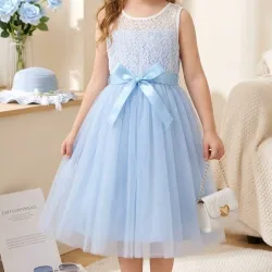 NIÑAS	VESTIDO PARA NIÑA	AZUL ENCAJE LAZO CINTURA VA-05