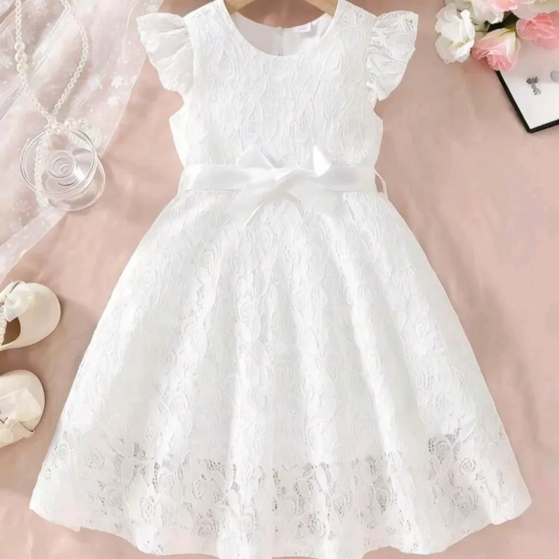 NIÑAS	VESTIDO PARA NIÑA	BLANCO,ENCAJE MANGA CORTA LAZO VA-27
