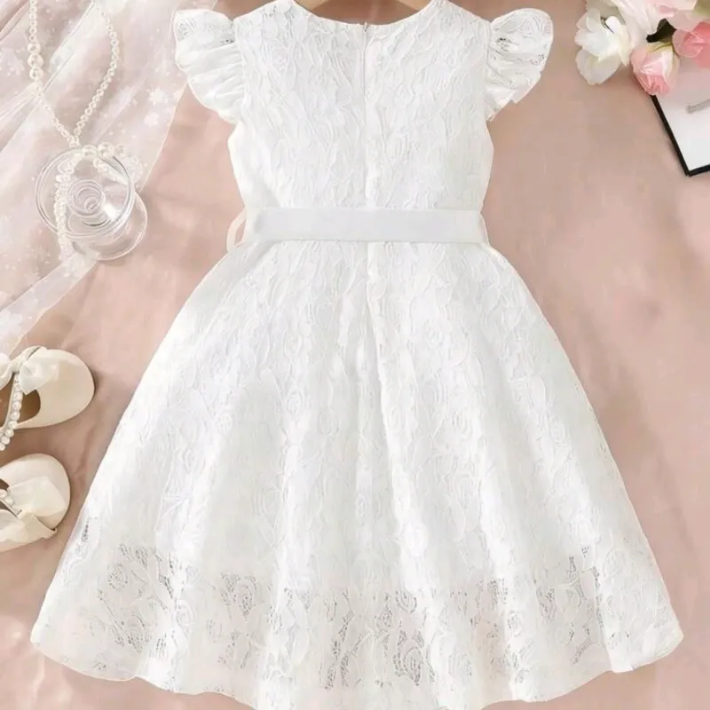 NIÑAS	VESTIDO PARA NIÑA	BLANCO,ENCAJE MANGA CORTA LAZO VA-27