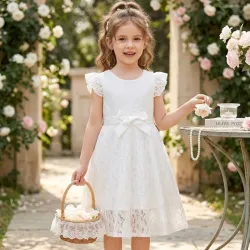 NIÑAS	VESTIDO PARA NIÑA	BLANCO,ENCAJE MANGA CORTA LAZO VA-27