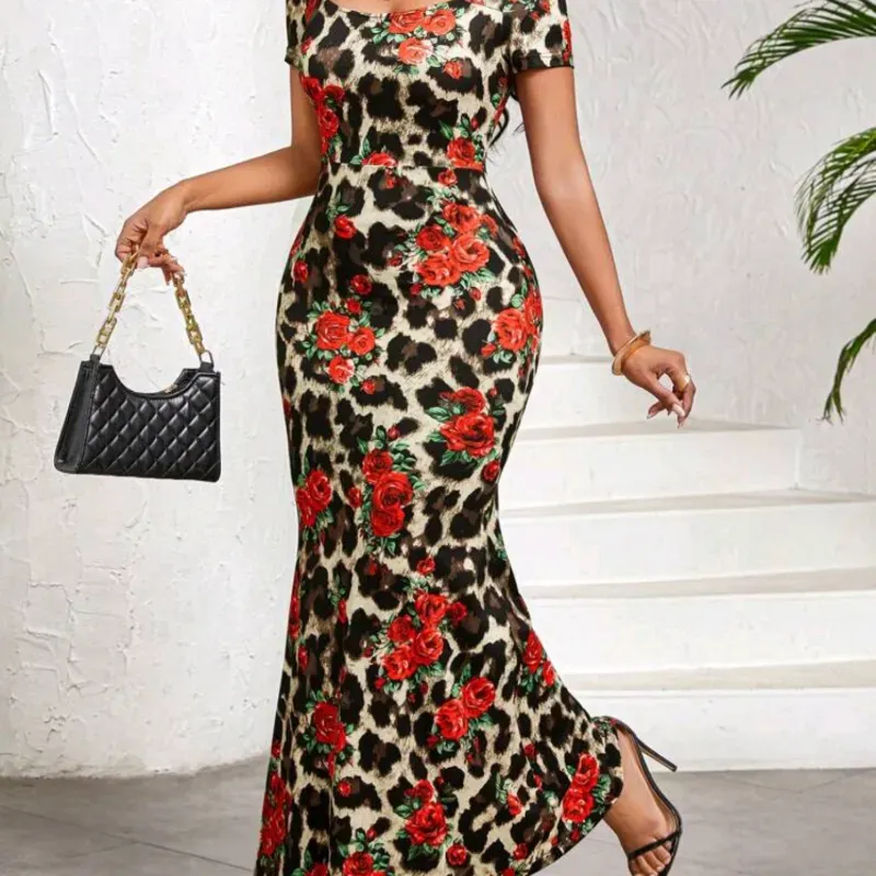 VESTIDO MUJER	ELEGANTE ESTAMPADO LEOPARDO FLORES 19142