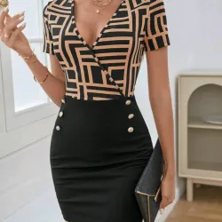 VESTIDO MUJER	NEGRO Y ESTAMPADO GEOMETRICO CUELLO CRUZADO 19161