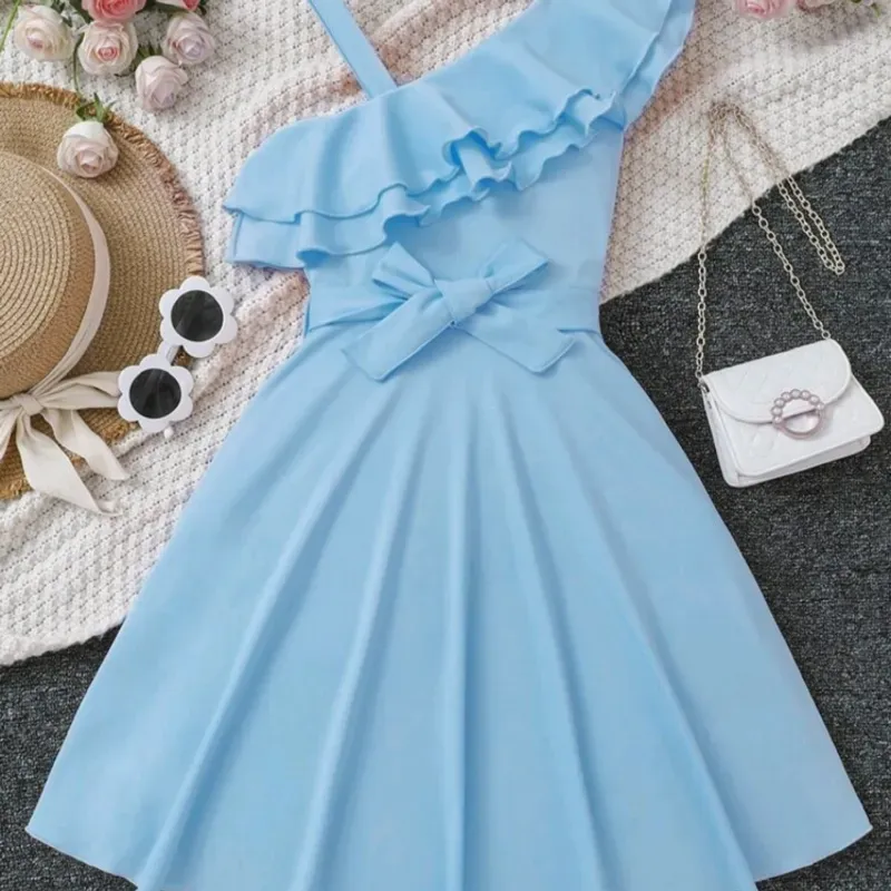 VESTIDO PARA NIÑA	AZUL, CON CINTURON CUELLO ASIMETRICO FRUNCIDO