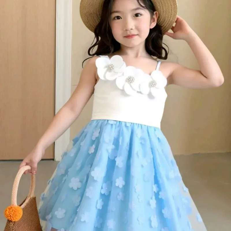 VESTIDO PARA NIÑA	AZUL Y BLANCO DISEÑO DE FLOR 3D