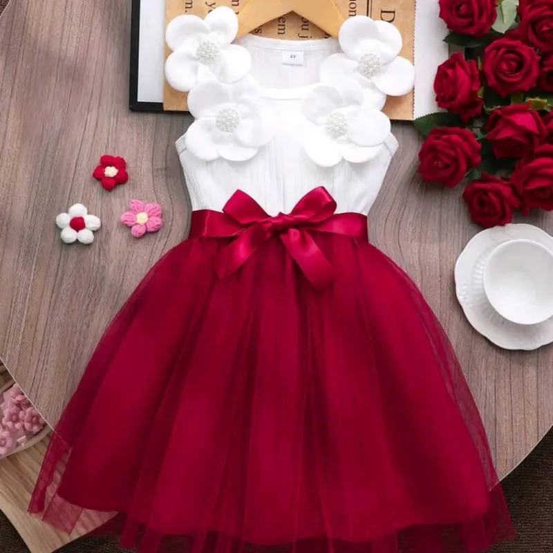 VESTIDO PARA NIÑA	BLANCO Y ROJO FLOR 3D VA-23