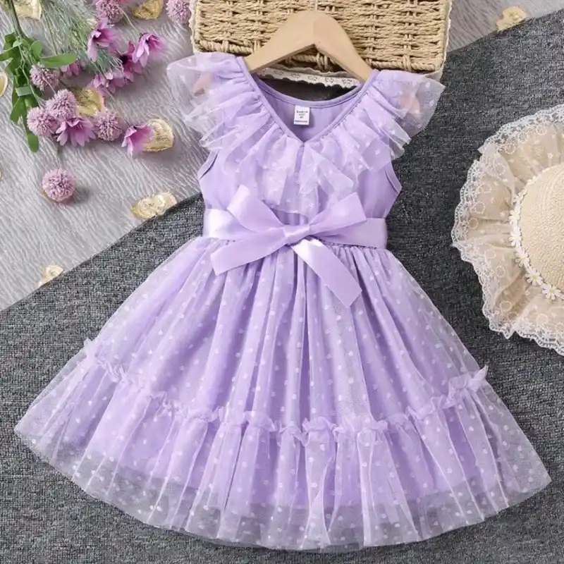VESTIDO PARA NIÑA	MORADO, MALLA LUNARES