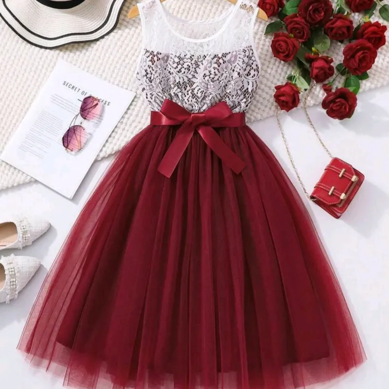 VESTIDO PARA NIÑA	ROJO VINO ENCAJE LAZO CINTURA VA-24