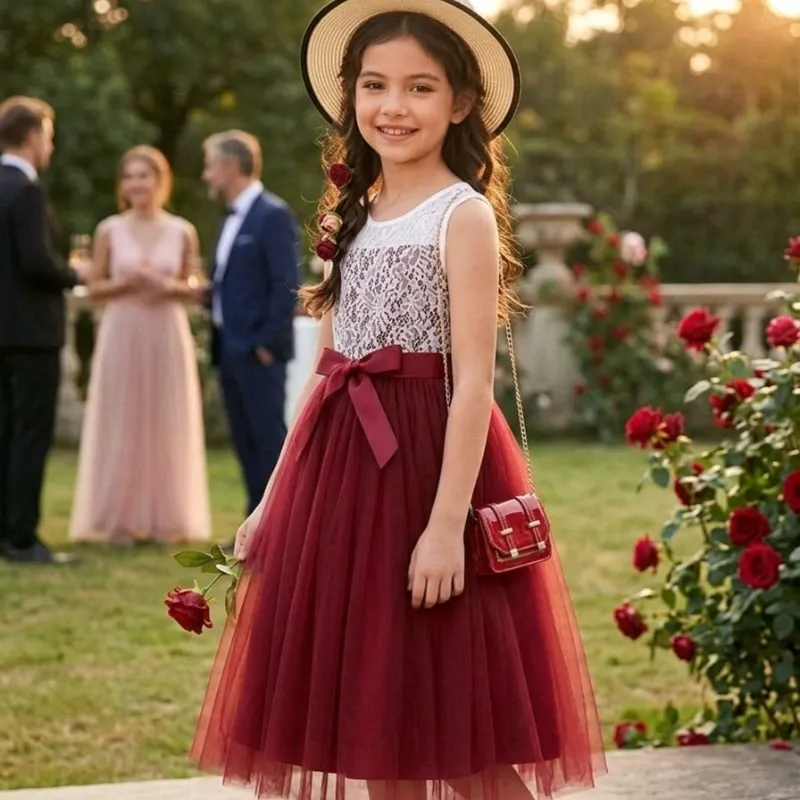 VESTIDO PARA NIÑA	ROJO VINO ENCAJE LAZO CINTURA VA-24