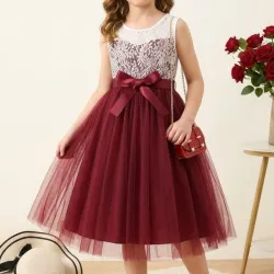 VESTIDO PARA NIÑA	ROJO VINO ENCAJE LAZO CINTURA VA-24