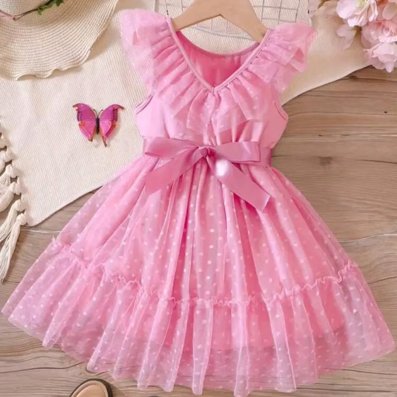 VESTIDO PARA NIÑA	ROSA CUELLO EN V ENCAJE LUNARES VA-19