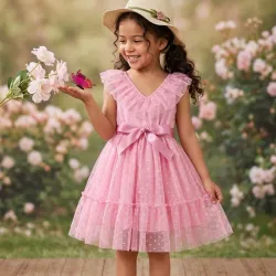 VESTIDO PARA NIÑA	ROSA CUELLO EN V ENCAJE LUNARES VA-19