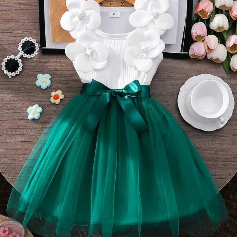 VESTIDO PARA NIÑA	VERDE Y BLANCO FLOR 3D VA-21