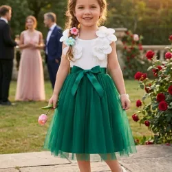 VESTIDO PARA NIÑA	VERDE Y BLANCO FLOR 3D VA-21