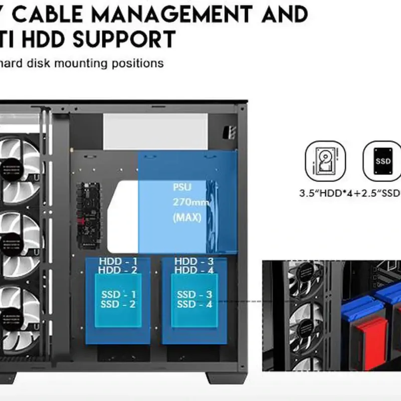 Chasis Gaming DIYPC ARGB DC800 BK Panorámico ARGB con 5 Ventiladores E-ATX