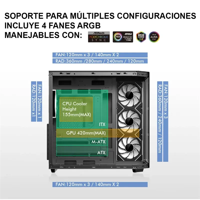 Chasis Gaming DIYPC ARGB N3 BK Panorámico 270° ARGB con 4 Ventiladores E-ATX