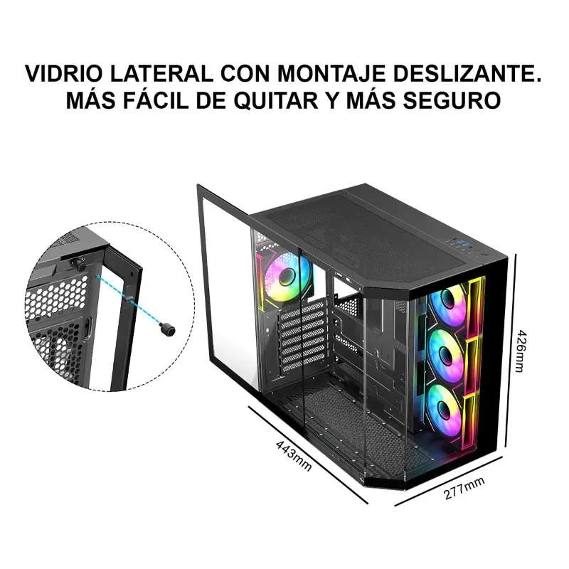 Chasis Gaming DIYPC ARGB N3 BK Panorámico 270° ARGB con 4 Ventiladores E-ATX
