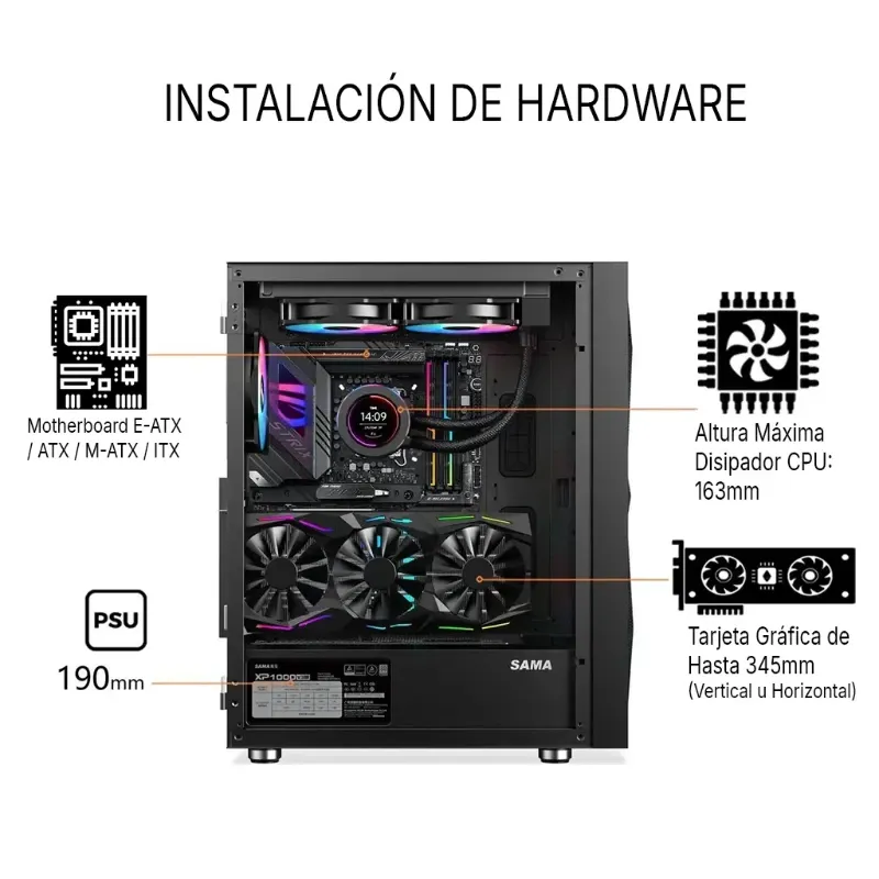 Chasis Gaming SAMA Neview 3509 ARGB con 4 Ventiladores y Soporte GPU Vertical