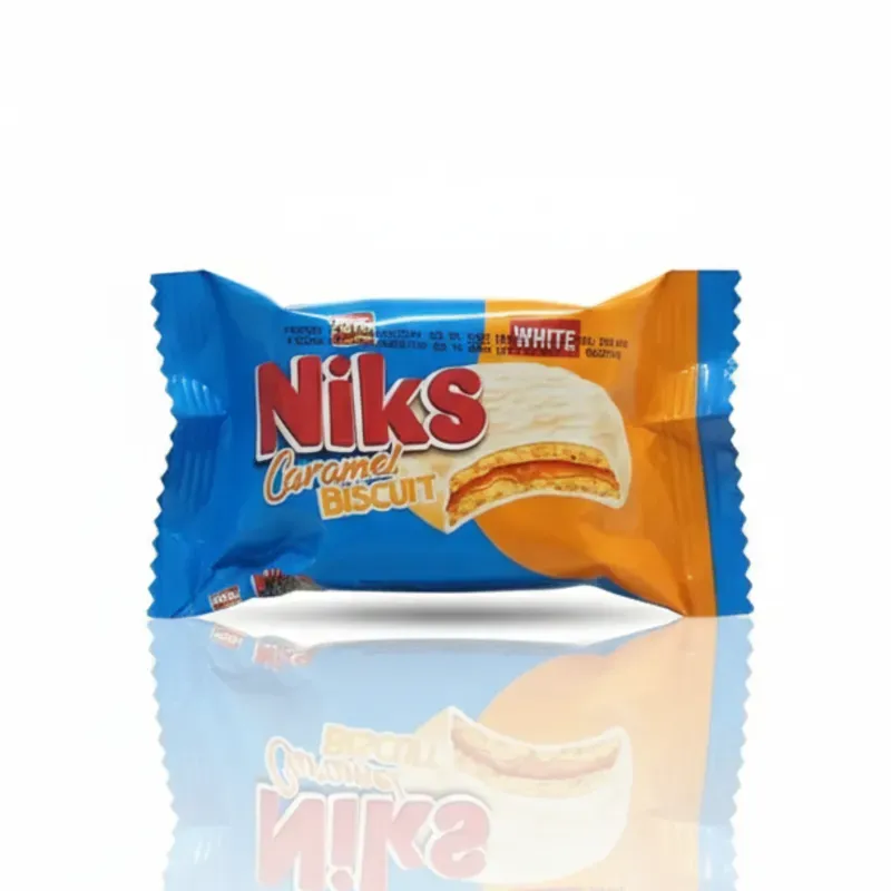 Galleta cubierta de chocolate blanco rellena de crema de caramelo Niks 