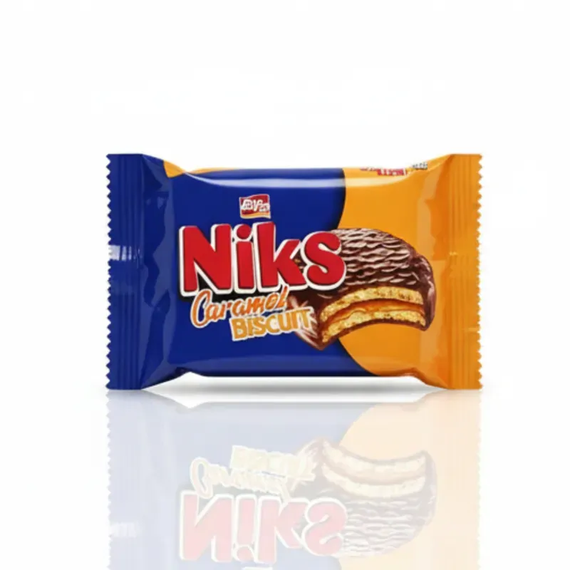 Galleta cubierta de chocolate oscuro rellena de crema de caramelo Niks 
