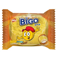 Galleta cubierta de crema de banana y rellena de malvavisco BIGO