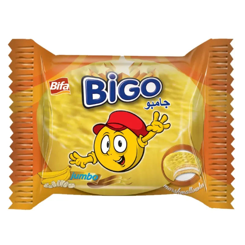 Galleta cubierta de crema de banana y rellena de malvavisco BIGO