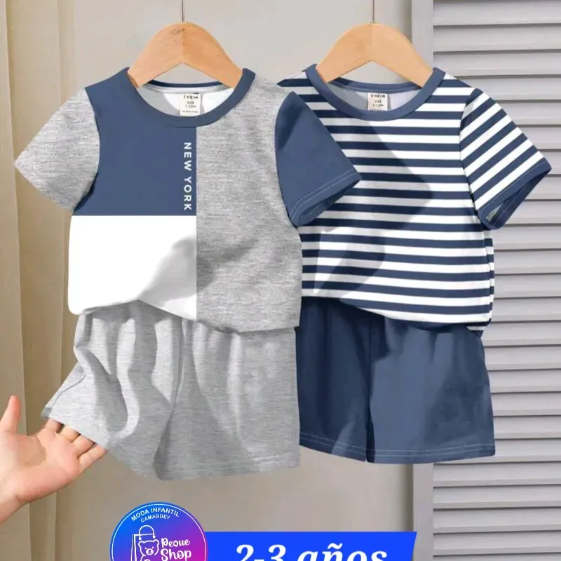 Pullover azul y gris, short gris